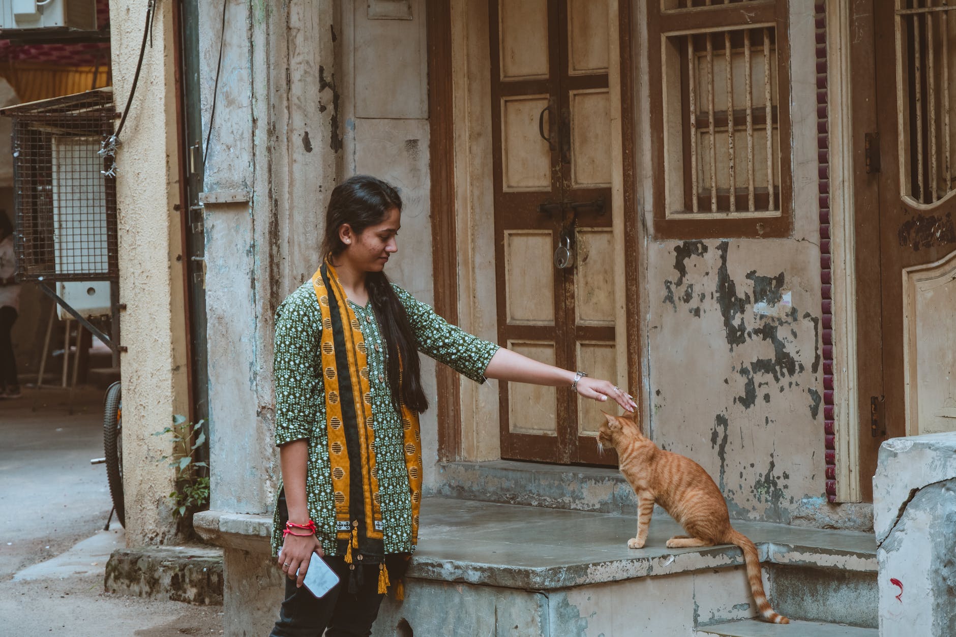 woman stroking a cat on a street